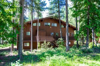 The Cedar Nest, a brown wooden cabin, is surrounded by numerous tall pine trees and lush green undergrowth, with a wooden deck visible at the front.