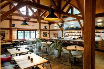 The interior of a restaurant in the Buffalo Mountain Lodge Buffalo Suite, featuring a vaulted wooden ceiling, multiple dining tables, a bar area, and large windows with natural light.