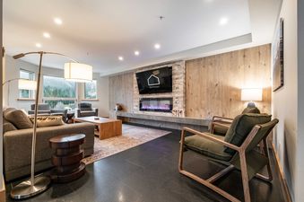 Modern living room in Englewood Greens 14 with a stone fireplace, wood paneling, and cozy seating.