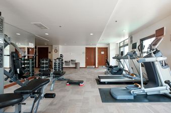 A modern and well-equipped fitness center featuring various exercise machines, including treadmills, ellipticals, a multi-station weight machine, and a rack of dumbbells.