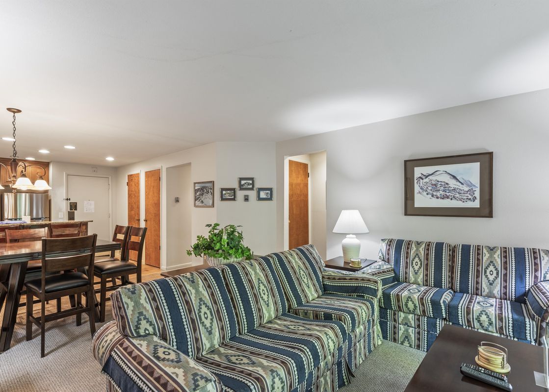 A cozy open-concept living room and dining area with patterned sofas and a wooden dining table, with a kitchen visible in the background.