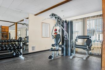 A well-equipped fitness center at Snow Flower 156 Park City, featuring a multi-station gym, a full rack of dumbbells, and a window with vertical blinds.