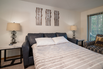 A pull-out couch in Beaver Village 1714 is prepared with white pillows and a striped comforter, flanked by two side tables with lamps and a window with a view of trees.