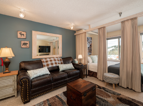 A spacious living area within Snowblaze E102, featuring a comfortable leather sofa, wooden accents, and a clever divider leading to sleeping areas with large windows overlooking a snowy mountain landscape.