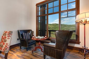 Cozy seating area with a view at Arrowleaf Overlook.