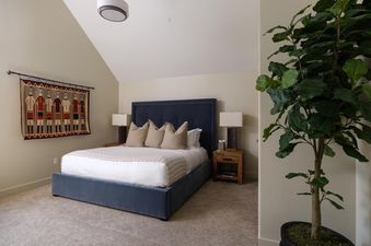 A cozy bedroom with a large bed, two nightstands with lamps, a woven tapestry above the bed, and a tall fiddle-leaf fig tree.