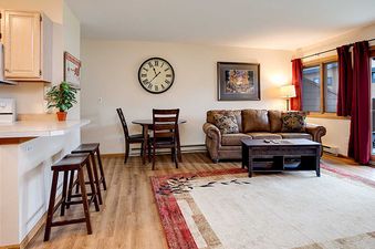 An open-concept living area with a kitchen, dining nook, and lounge area, all furnished in a comfortable, rustic style.