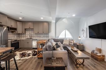 Blue Church Lodge open concept space where living room meets kitchen.