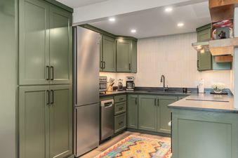 A modern kitchen in Solstice Suite featuring green cabinets, stainless steel appliances, and a colorful rug.