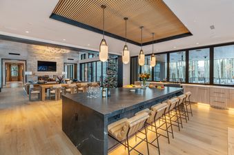 The Lone Star Lodge kitchen boasts a spacious island and bar seating.