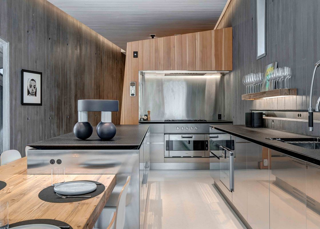 Sleek contemporary kitchen at The Pinnacle at Powder Ridge with stainless steel finishes and wood-paneled walls.