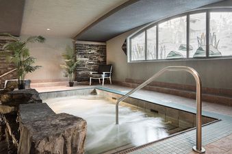 A soothing hot tub surrounded by natural rock features and lush palm plants, with a decorative arched window above depicting a serene landscape.