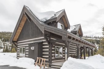 A rustic dark wood log cabin with snow on its gabled roofs and surrounding ground, set against a backdrop of evergreen trees and an overcast sky.