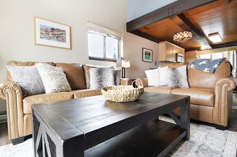 The living area features a large, comfortable brown leather sofa with various pillows, a dark wood coffee table, and a colorful framed artwork on the wall.