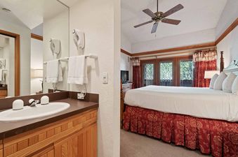 The image shows a well-appointed bathroom with a vanity and sink, and a comfortable bedroom with a large bed and French doors leading to an exterior view at The Charter A4505.