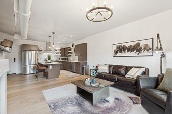 An inviting open-concept living room and kitchen in the Bear Den, featuring a leather sofa, a bear-themed rug, and a modern kitchen with stainless steel appliances.