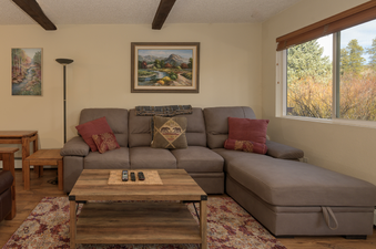 A cozy living room in Hi Country Haus 1803 features a comfortable gray sectional sofa with accent pillows, a rustic wooden coffee table, and large windows offering a beautiful view of autumn trees.
