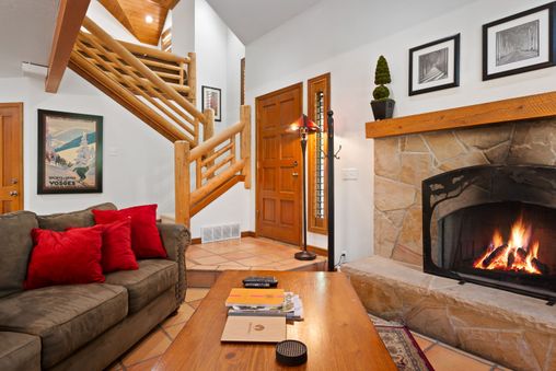 Stone fireplace in living room