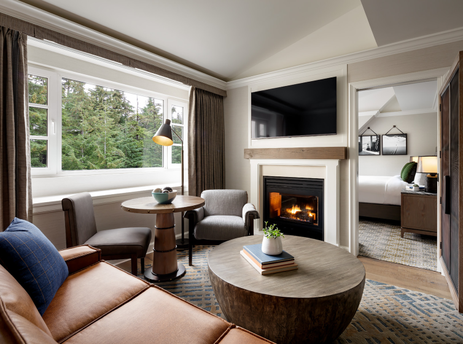 A luxurious living room features a fireplace, a comfortable sofa, and large windows looking out onto a lush forest.