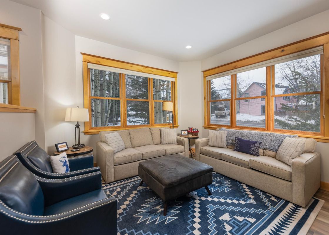 The living area at French Street Retreat features plush seating, a large rug with a geometric pattern, and views of a snow-covered landscape through multiple windows.