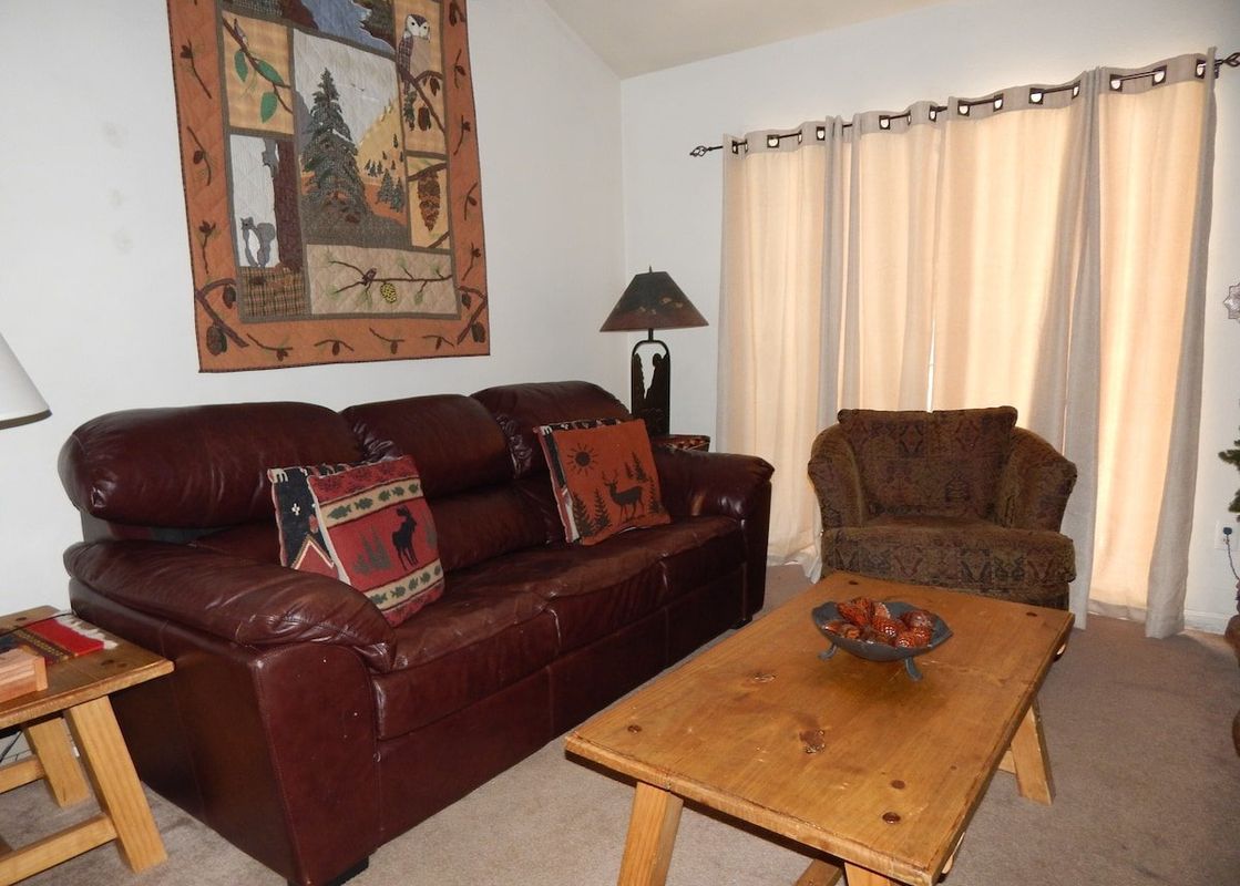 The living area features a brown leather couch with patterned pillows and a wooden coffee table, illuminated by a table lamp and natural light from draped windows.