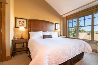 A bedroom with a king-size bed, a leather headboard, and a window with a view of the forest.