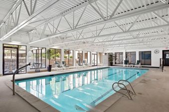 The indoor swimming pool at Snowblaze E102 features a long, clear blue pool with steps and handrails, surrounded by large windows that offer a view of the outside.