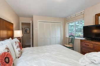 The bedroom in Villa Valhalla 2 Bedroom Platinum Unit 2 features a comfortable bed with a wooden headboard, a bedside lamp, a flat-screen TV on a dresser, and a window with a view of lush trees, alongside white louvered closet doors.