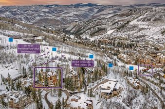 Aerial view of a snowy mountainside town with a ski-in ski-out Founders Lodge the foreground.