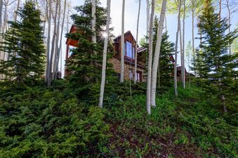 Powder Place on Lower Galloping Goose is nestled among tall aspen trees and evergreens, with sunlight peeking through the branches.