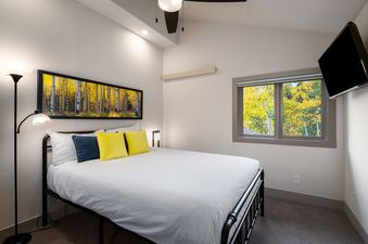 A bedroom with a bed, a picture of trees, and a window with a view of trees.