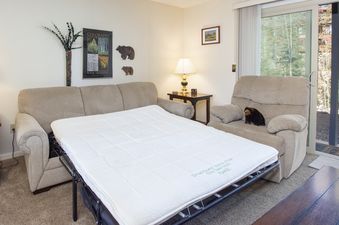 A pull-out sofa bed with a white mattress and green text is unfolded in a cozy living room, adorned with bear-themed decorations and a large sliding glass door opening to an outdoor view.