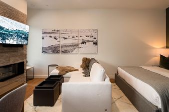An L-shaped sofa and a bed are arranged in an open-concept living space, with a stone fireplace and a wall-mounted TV visible on the left.
