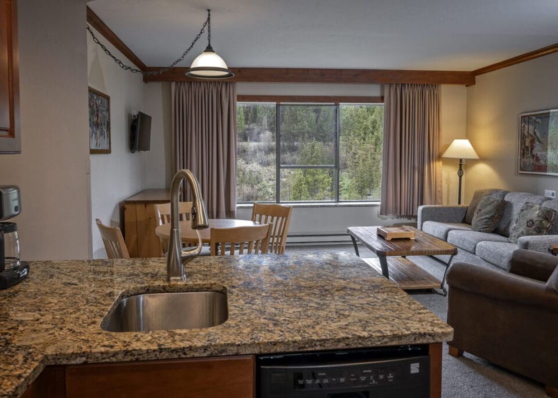 A living area with a sofa, armchair, coffee table, dining table with chairs, and a kitchen island with a sink and coffeemaker, all bathed in natural light from a window with a forest view.