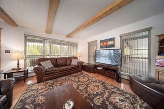The living area features a plush brown leather sofa adorned with throw pillows, a large patterned area rug in shades of brown, red, and cream, and a wooden coffee table in the center.