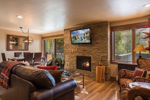 Stone surround gas fireplace