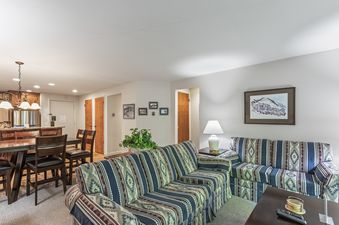 A cozy open-concept living room and dining area with patterned sofas and a wooden dining table, with a kitchen visible in the background.