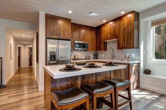 The kitchen in Black Bear 152 features stainless steel appliances, a breakfast bar, and a window with a view of the surrounding trees.