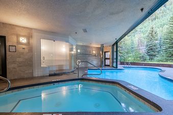 Indoor swimming pool and hot tub area with a view of trees outside.
