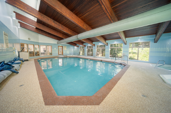 The indoor swimming pool at Beaver Village 211, featuring a unique polygonal shape, wooden beam ceiling, and large windows offering views of the outdoors.