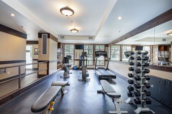 The image shows the fitness center at Blackcomb Springs One Bedroom Slopeside, featuring various exercise machines and weights.