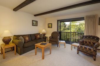 The living area of Hi Country Haus 2111 features comfortable seating, a coffee table, and a large sliding glass door leading to a balcony with views of lush trees.