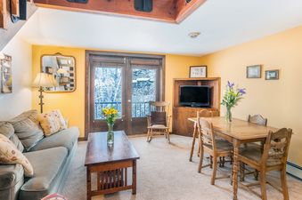 Living area in Manitou Lodge 7 with sofa, table, and view to the outside.