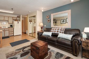 The living room of Snowblaze E102 features a comfortable brown leather sofa, a rustic wooden coffee table, and a vibrant area rug, with a kitchen area visible in the background.