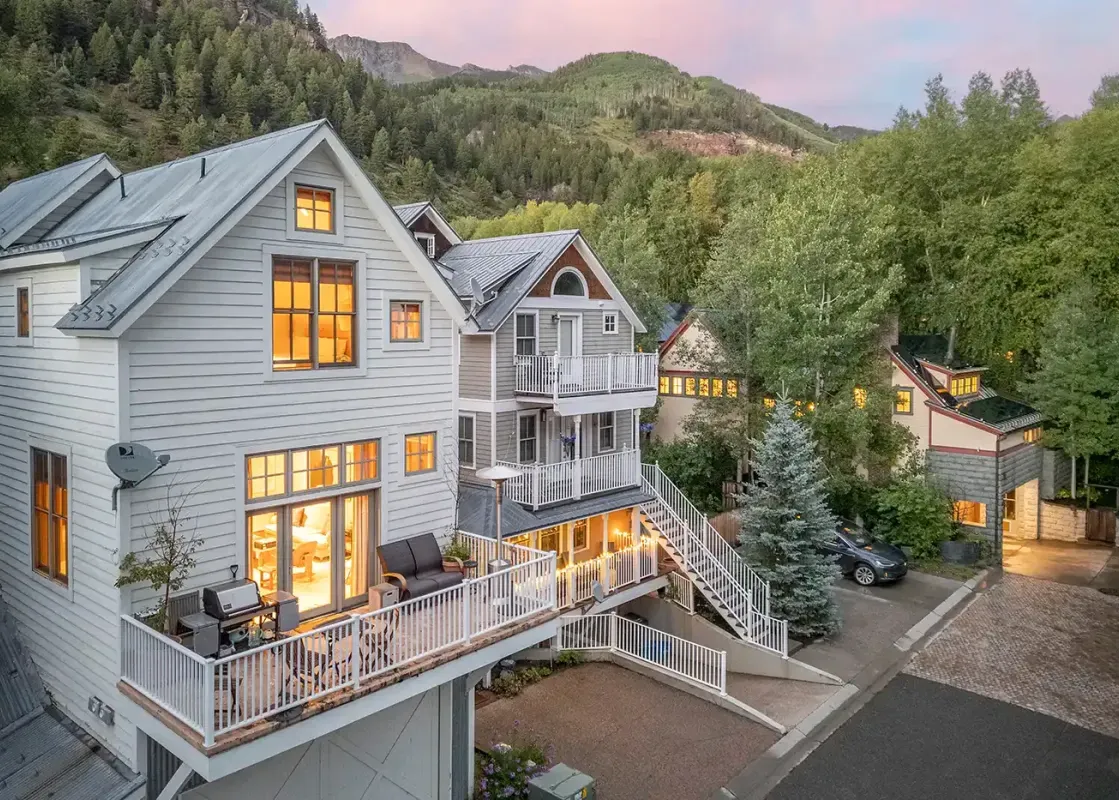 Drone exterior view of First Light Telluride at sunrise