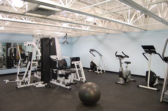 The image shows the Snowblaze A33 fitness center, featuring various exercise machines and a large yoga ball on a dark rubber floor.