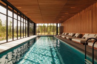 An elegant indoor pool with warm wood ceilings and walls, lined with loungers and featuring floor-to-ceiling windows showing a pine forest.
