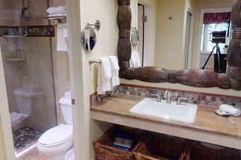 Manor Vail 081 Bathroom: The bathroom features a walk-in shower, toilet, and sink with a vanity mirror, and a large window.
