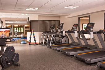 A modern fitness center at Teton Mountain Lodge and Spa Lodge Two Queens with treadmills, ellipticals, and weights.