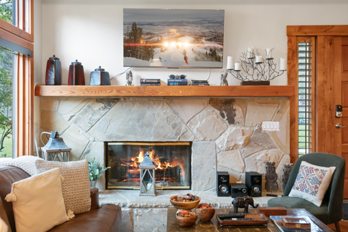 Stone fireplace in living room